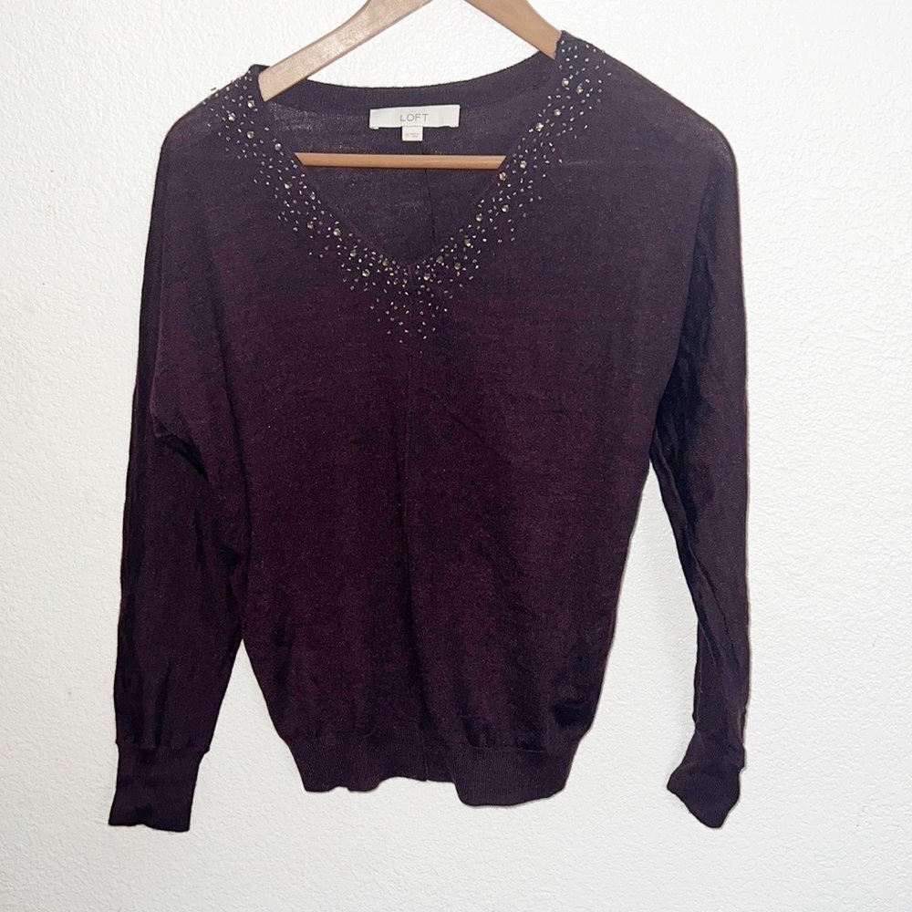 Loft Lightweight Maroon Beaded Long Sleeve Acrylic And Wool Blend V Neck Top